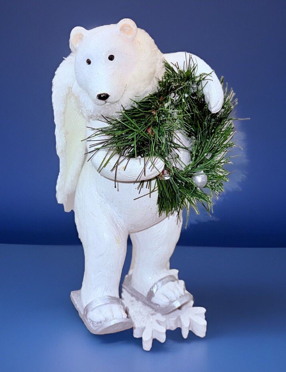 Christmas Skiing Polar Bear Figurine Snowflake Wreath W Scarf Winter 8" Vintage